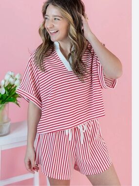 Zenana Red & White Striped Shorts Set - Two-Piece New medium